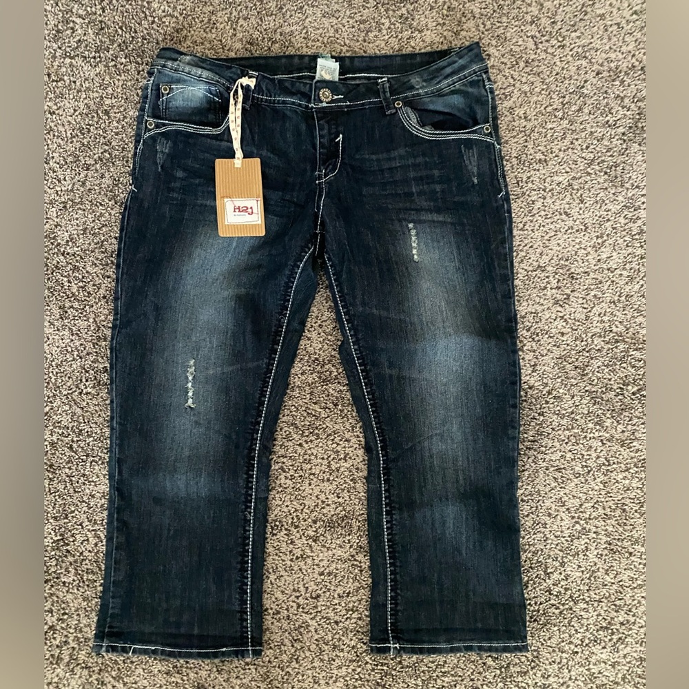 NWT H2J Capri Jeans 17 18 Stretch Dark Blue Denim Factory Scored